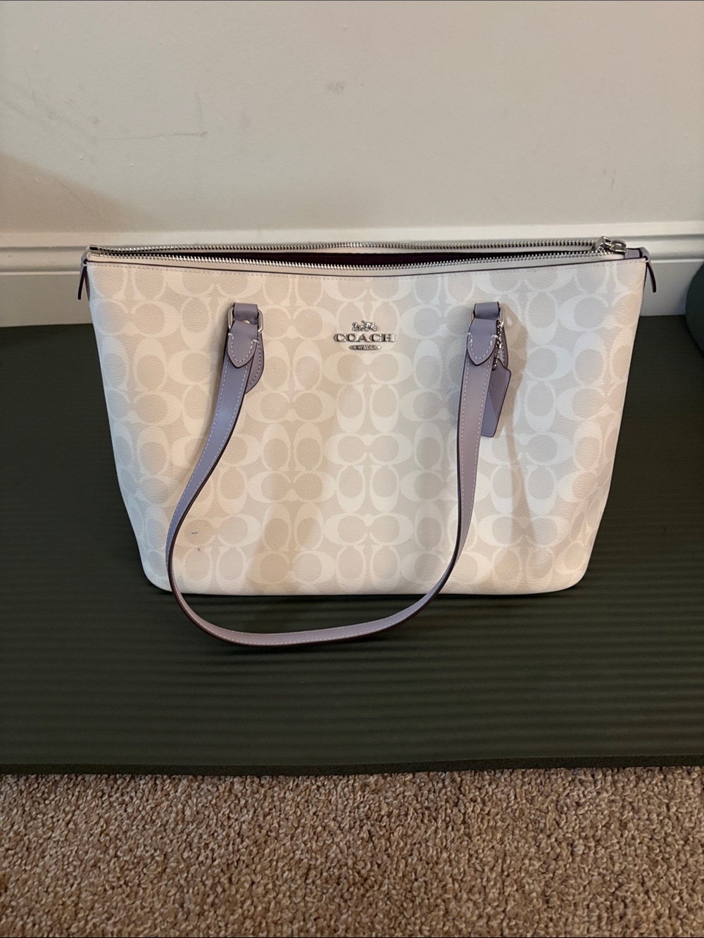 Coach White Signature Tote with Lilac Straps